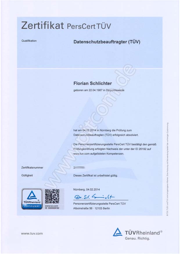 Zertifkat PersCert TÜV: Datenschutzbeazftragter (TÜV)